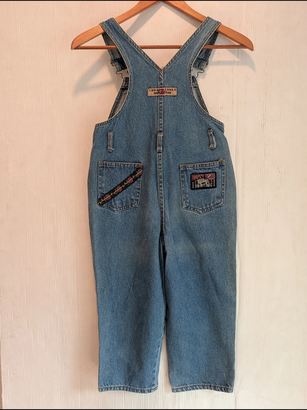 LOONEY TUNES Kids Blue Denim Overalls with Football Varsity Fun Patches Size 5